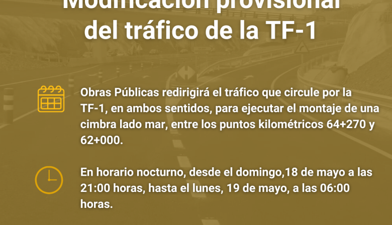 Obras Públicas redirige el tráfico de la TF-1 para continuar con las obras de ejecución del tercer carril