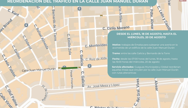 El Ayuntamiento de Las Palmas de Gran Canaria reordena el tráfico en la calle Juan Manuel Durán para subsanar una avería en la red de saneamiento