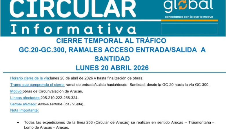 Arucas avisa del cierre al tráfico del enlace de Santidad con la GC-20 por las obras del Gobierno de Canarias