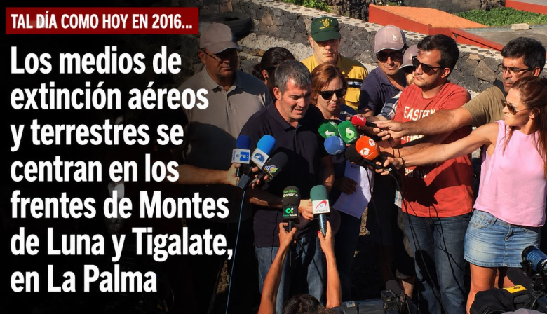 Sucedió tal día como hoy en 2016: Los medios de extinción aéreos y terrestres se centran en los frentes de Montes de Luna y Tigalate, en La Palma