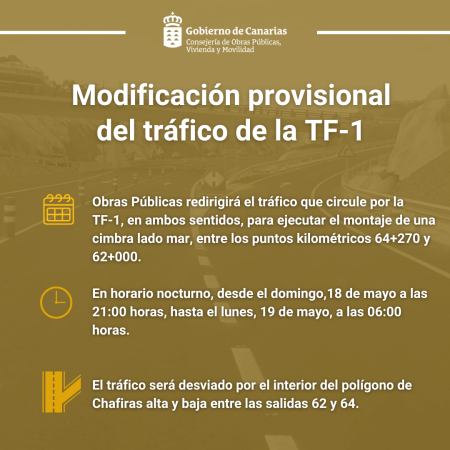 Obras Públicas redirige el tráfico de la TF-1 para continuar con las obras de ejecución del tercer carril