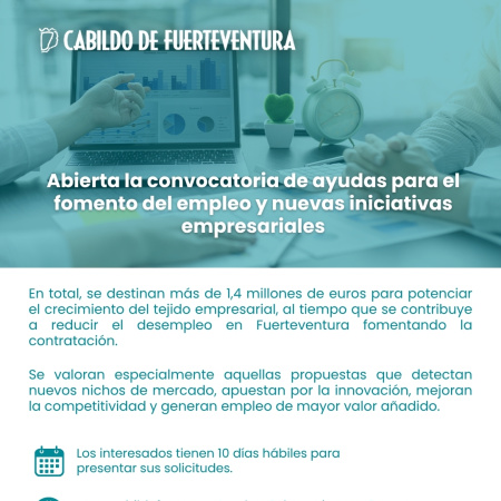 El Cabildo de Fuerteventura abre la convocatoria para solicitar las ayudas al fomento de la contratación y puesta en marcha de iniciativas empresariales